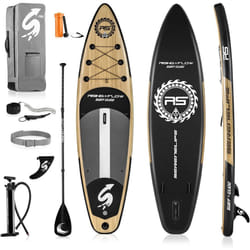 SereneLife 15cm Thick Performance Inflatable Paddle Board, Sleek Woodgrain SUP with Speed-Focused Design, Non-Slip Deck, Wide Stance & Premium