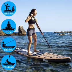 SereneLife 15cm Thick Performance Inflatable Paddle Board, Sleek Woodgrain SUP with Speed-Focused Design, Non-Slip Deck, Wide Stance & Premium
