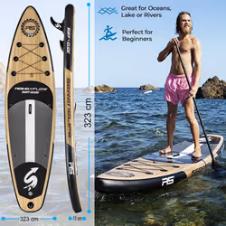 SereneLife 15cm Thick Performance Inflatable Paddle Board, Sleek Woodgrain SUP with Speed-Focused Design, Non-Slip Deck, Wide Stance & Premium
