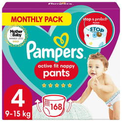 Pampers Baby Nappy Pants Size 4 (9-15kg), Active Fit, 168 Nappies, MONTHLY SAVINGS PACK, Pampers? Trusted Fit and Comfort For Your Wild Child