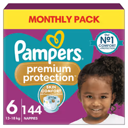 Pampers Premium Protection Size 6, 144 Nappies, 13kg-18kg, Double Protection for skin and against leaks