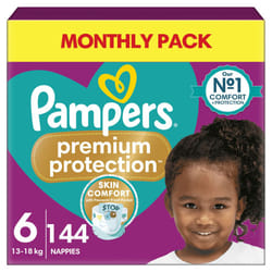 Pampers Premium Protection Size 6, 144 Nappies, 13kg-18kg, Double Protection for skin and against leaks