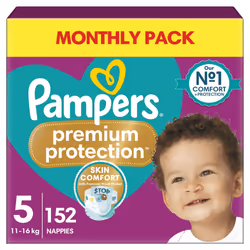 Pampers Premium Protection Size 5, 152 Nappies, 11kg-16kg, Monthly Pack, Double Protection for skin and against leaks