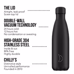 Chilly's Water Bottle - Stainless Steel and Reusable - Leak Proof, Sweat Free - All Black - V2-1.8L