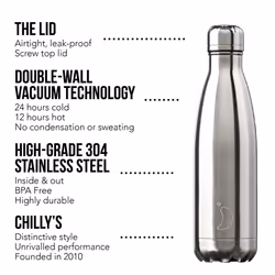 Chilly's Water Bottle - Stainless Steel and Reusable - Leak Proof, Sweat Free - Stainless Steel - V2-1.8L