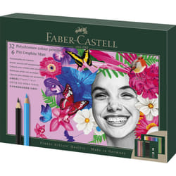 Faber-Castell 210053 Polychromos Colouring Pencils, Set of 32 Colouring Pencils, Bright Colours with Thick 3.8mm Leads, Includes 6 Pitt Graphite Matt