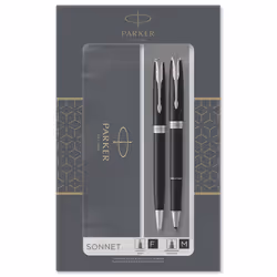 Parker Sonnet Duo Gift Set With Ballpoint Pen & Rollerball Pen, Gloss Black With Chrome Trim, Black Ink Refill & Cartridge, G ...