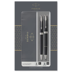 Parker Sonnet Duo Gift Set With Ballpoint Pen & Rollerball Pen, Gloss Black With Chrome Trim, Black Ink Refill & Cartridge, Gift Box
