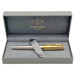 Parker Urban Premium Metal Fountain Pen | Aureate Gold Powder with Intricate Engraved Pattern | Gold Trims | Medium Nib | Black Ink | Luxury Gift Box