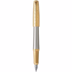 Parker Urban Premium Metal Fountain Pen | Aureate Gold Powder with Intricate Engraved Pattern | Gold Trims | Medium Nib | Black Ink | Luxury Gift Box