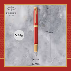 Parker IM Fountain Pen Premium Red Lacquer with Gold Trim Medium Point with Blue Ink Cartridge Gift Box