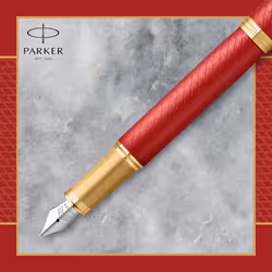 Parker IM Fountain Pen Premium Red Lacquer with Gold Trim Medium Point with Blue Ink Cartridge Gift Box