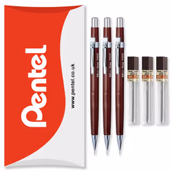 Pentel P200 Series Automatic Mechanical Pencils - HB Lead - 3 x Pencils + 3 Tubes of Refill Leads - In Pillow Packaging (P203 ...