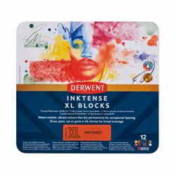 Derwent Inktense XL Blocks 12 Tin, Set of 12, 60mm Extra-Large Block, Water-soluble, Ideal for Sketching, Drawing and Expressive Mark Making,