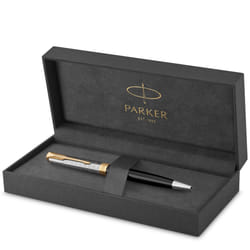 PARKER Sonnet Ballpoint Pen | Premium Metal and Black Gloss Finish with Gold Trim | Medium Point with Black Ink Refill | Gift Box