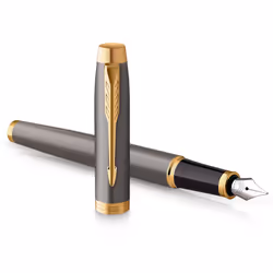 Parker IM Fountain Pen, Grey Lacquer with Gold Trims, Fine Polished Stainless Steel Nib, Blue Ink Cartridge Refill, Gift Box, ...