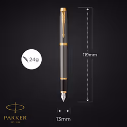 Parker IM Fountain Pen, Grey Lacquer with Gold Trims, Fine Polished Stainless Steel Nib, Blue Ink Cartridge Refill, Gift Box, Perfect Graduation Gifts