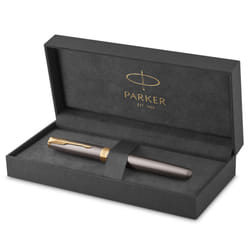 PARKER Sonnet Fountain Pen | Grey Lacquer with Gold Trims | Medium Stainless Steel Nib with Gold Coating | Black Ink Cartridge Refill | Gift Box |