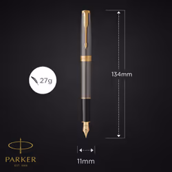 PARKER Sonnet Fountain Pen | Grey Lacquer with Gold Trims | Medium Stainless Steel Nib with Gold Coating | Black Ink Cartridge Refill | Gift Box |