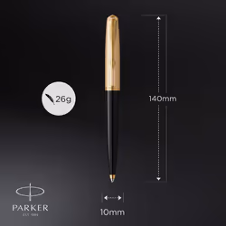 Parker 51 Ballpoint Pen | Deluxe Black Barrel with Gold Trim | Medium 18k Gold Point with Black Ink Refill | Gift Box