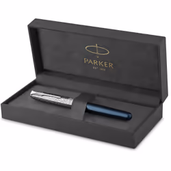 PARKER Sonnet Fountain Pen | Premium Metal and Blue Satin Finish with Chrome Trim | Fine 18k Gold Nib with Black Ink Cartridg ...