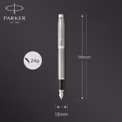 PARKER IM Fountain Pen | Stainless Steel with Chrome Trim | Fine Point with Blue Ink Cartridge | Gift Box