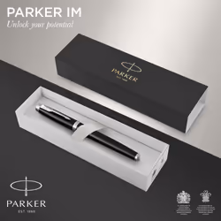 Parker IM Fountain Pen | Black Lacquer with Chrome Trim | Fine Nib with Blue Ink Refill | Gift Box