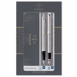 Parker IM Duo Gift Set with Ballpoint Pen & Fountain Pen | Stainless Steel Chrome Trim | Blue Ink Refill & Cartridge | Gift P ...