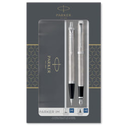 Parker IM Duo Gift Set with Ballpoint Pen & Fountain Pen | Stainless Steel Chrome Trim | Blue Ink Refill & Cartridge | Gift Packaging