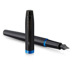 Parker IM Vibrant Rings Fountain Pen | Satin Black Lacquer with Marine Blue Accents | Medium Point with Blue Ink Refill | Gift Box