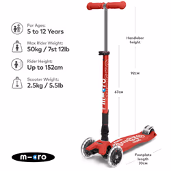 Micro Scooters | Maxi Micro Deluxe Foldable Children's Scooter | Big Wheels | Handlebar Adjustable | 5-12yrs | Boys & Girls | Red