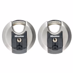 MASTER LOCK Pack of 2 High Security Disc Padlocks, Security level 8/10, Outdoor, Keyed, Stainless Steel, Weatherproof, Shroud ...