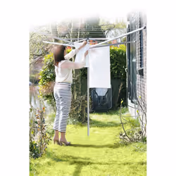 Brabantia 30m Essential Rotary Washing Line (Metallic Grey) Collapsible Umbrella System, 3 Arm Outdoor Clothes Dryer + 35mm Plastic Ground Tube