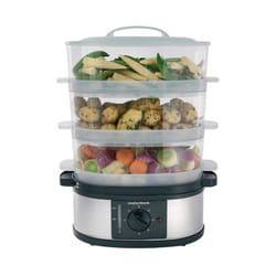 Morphy Richards 3 Tier Food Steamer, 9L, 60 Minute Timer with Bell, Instant Steam Production, Visible Water Gauge, Rice Tray, 750W, Stainless Steel,