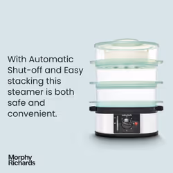 Morphy Richards 3 Tier Food Steamer, 9L, 60 Minute Timer with Bell, Instant Steam Production, Visible Water Gauge, Rice Tray, 750W, Stainless Steel,