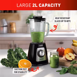 Tefal Blendforce II Blender, 2L Glass Jug, 1.25L Effective Capacity, 800W, 4 Removable Powelix Blades, Smoothie Blender, Ice Crush, 2 Speeds + Pulse