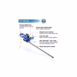 Hyundai 680w 610mm Corded Electric Hedge Trimmer Pruner, Rotatable Handle, 10m Power Cord, Handle Branches Up to 24mm in Diameter, 4.14kg, 3 Year