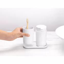 Brabantia ReNew 3 Piece Bathroom Accessory Set, Set of 3, Refillable Handwash Soap Dispenser, Toothbrush Holder & Tray, White