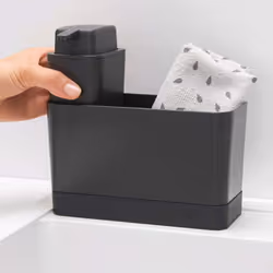 Brabantia Kitchen Sink Organiser Set with Soap Dispenser (Dark Grey) Cloths/Sponge Storage Holder + Refillable Handwash Pump (250ml)