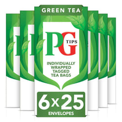 PG Tips | Green Tea Bags Bulk | Individually Wrapped Tea Bags | String & Tagged | Smooth & Refreshing | 6 Packs | 150 Plant Based Biodegradable