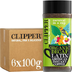 Clipper Latin American Organic Instant Decaf Coffee | 6 x 100g Jars | Bulk Buy Gourmet Decaffeinated Instant Coffee | Sustainable Fairtrade Arabica by