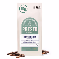Presto Coffee | Decaffeinated Speciality Coffee Beans 1kg | Light Roast | Chocolatey & Peanuty | Rainforest Alliance Certifie ...