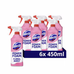 Domestos Power Foam Floral Burst Toilet & Bathroom Cleaner Spray sprays upside down & eliminates 99.99% of germs* for cleanin ...