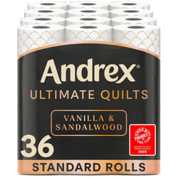 Andrex Ultimate Quilts Toilet Tissue 36 Rolls with Vanilla and Sandalwood Fragrance, Air Pocket Technology for Soft, Thick Sheets - Bulk Pack of 36