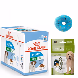 ROYAL CANIN Mini Puppy Food in Gravy x12 (85g) & Calming Treats. Donut Plush Squeaky Puppy Toy