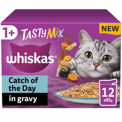 Whiskas Tasty Mix 1+ Catch of the Day in Gravy Adult Cat Food 12 Pouches 85g, Pack of 4