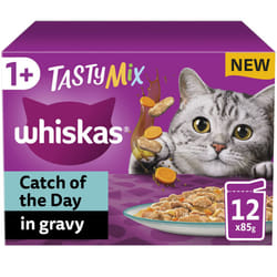 Whiskas Tasty Mix 1+ Catch of the Day in Gravy Adult Cat Food 12 Pouches 85g, Pack of 4