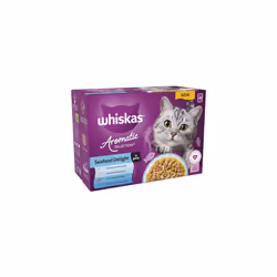 WHISKAS Cat Pouches Aromatic Seafood in Gravy 4x 12x85g ? Delicious Wet Cat Food with Seafood Flavor