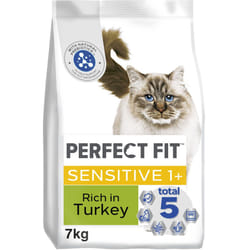Perfect Fit Sensitive Adult 1+ Complete Dry Cat Food for Adult Cats Aged 1+ Years, Rich in Turkey, 1 Bag (7 kg)