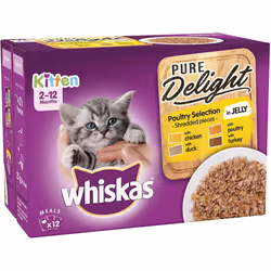 Whiskas 2-12 Months Kitten Pure Delight Wet Cat Food Pouches, Delicious and Tasty Poultry Selection in Jelly, 12 x 85 g